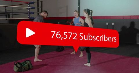 Fitness channel hitting 76,572 subscribers overlay on boxing gym training teamwork