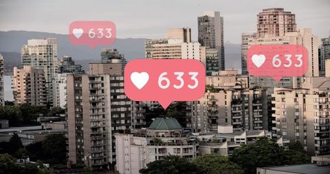 Urban Skyline with Social Media Like Icons Symbolizing Digital Connectivity