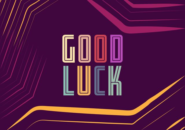 This graphic features 'Good Luck' in colorful, bold typography set against an abstract, vibrant purple geometrical background with dynamic lines. Ideal for motivational posters, greeting cards, social media posts, or digital invitations. Perfect for adding an energetic and positive touch to any project.