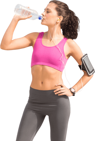 Energetic Woman Drinking Water After Workout, Mid-Train Hydration Moment