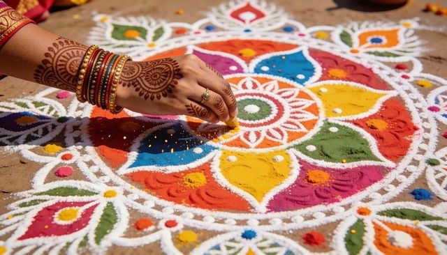 Hennaed hand decorating vibrant rangoli mandala with gold-red bangles and colored powders