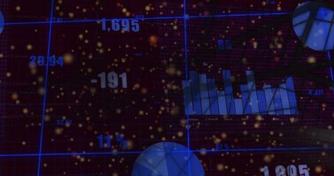 Futuristic neon analytics dashboard showing 3d bars, pie globe, percentages and particle grid
