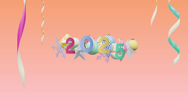 Bright and playful elements define this visual, featuring the number 2025 amidst assorted decorative objects on a soft pink background. Ideal for New Year's marketing materials, festive event invitations, or celebratory content that captures the joy and excitement of welcoming a new year.