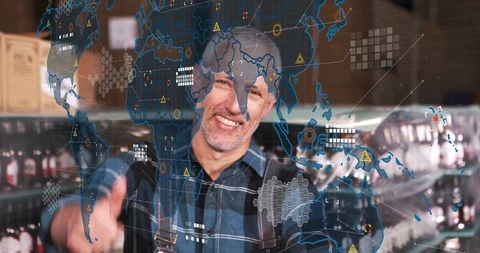 Warehouse Worker with Digital Interface Displaying Global Supply Network