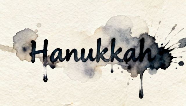 Hanukkah Hand-Lettering Flowing in Dripping Black Watercolor on Cream Paper
