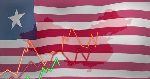 Stock Market Trends Overlapping Liberia Flag and China Map