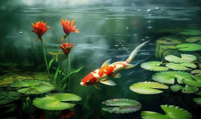Vibrant koi fish swimming gracefully among the water lilies in a tranquil garden pond create a serene scene perfect for relaxation themes, nature blogs, and garden design inspirations.