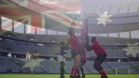 Rugby Players Lifting Teammate During Line-Out with Flag Overlay