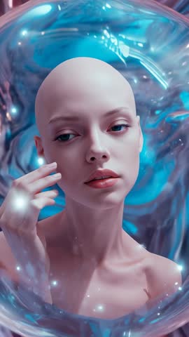 Bald Woman Touching Cheek Inside Rotating Holographic Orb with Ethereal Blue Vortex
