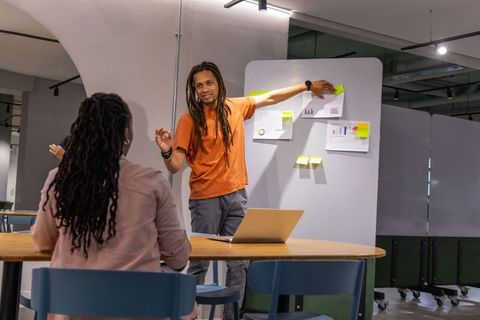 African american man presenting charts with sticky notes during collaborative meeting