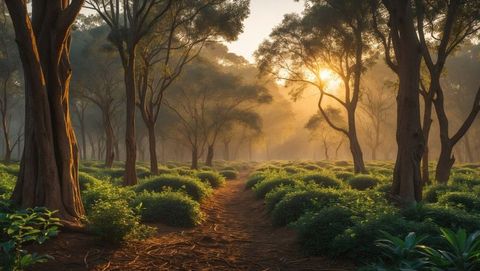 Dirt path winding through sandalwood misty forest at dawn