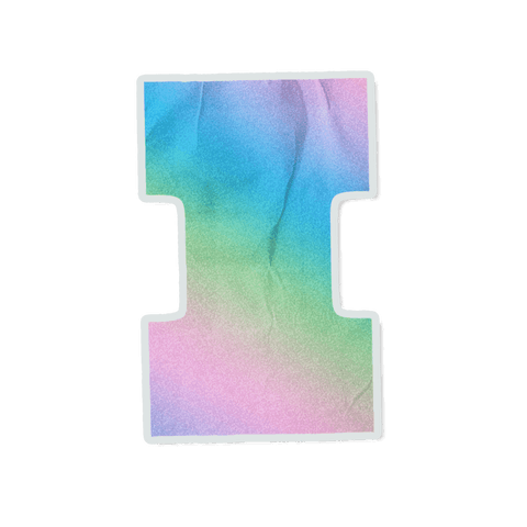 Transparent die-cut uppercase i sticker showing pastel watercolor gradient and white rim