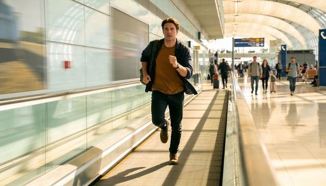 Man sprinting on moving walkway in airport rushing to catch flight carrying backpack