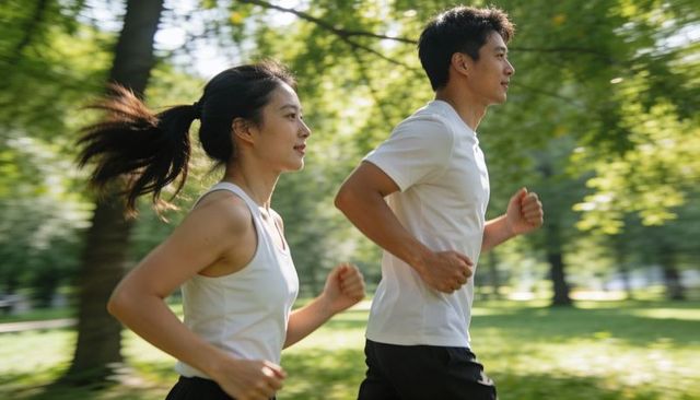 Jogging couple running through sunlit urban park, fitness duo enjoying outdoor exercise