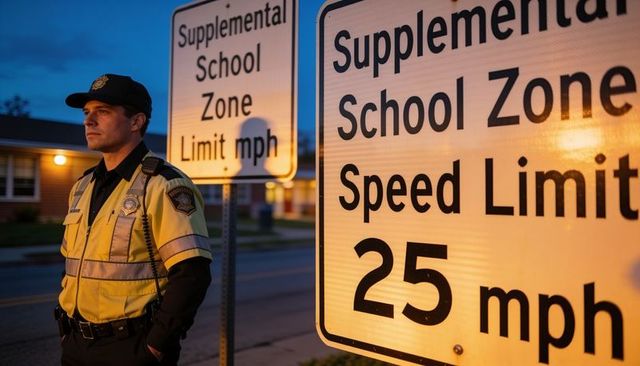 Police officer standing near 25 mph school zone sign at dusk wearing reflective safety jacket