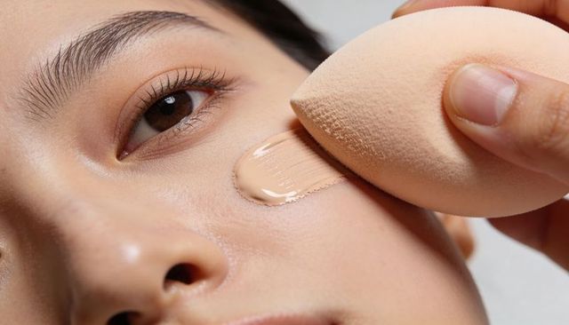 Closeup applying foundation with teardrop sponge for dewy natural skin finish