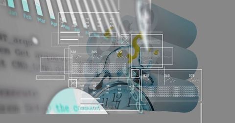 Displaying analog alarm clock and teal capsules with dashboard overlays for medical analytics