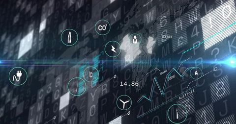 Futuristic HUD Displaying Global Data Visualization with Teal Icons and Line Graph
