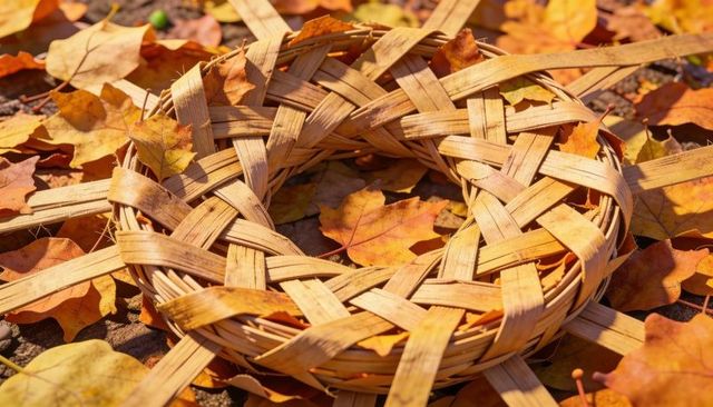 Sunlit woven wreath on autumn leaves rustic maple leaf fall decor natural wood texture