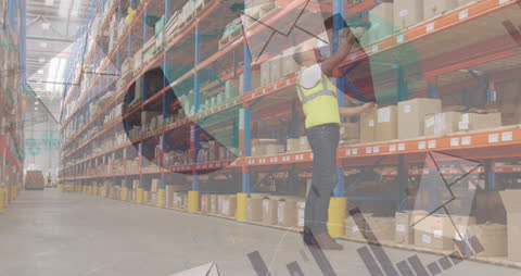 Warehouse Worker Stocking Shelves with Financial Data Overlay