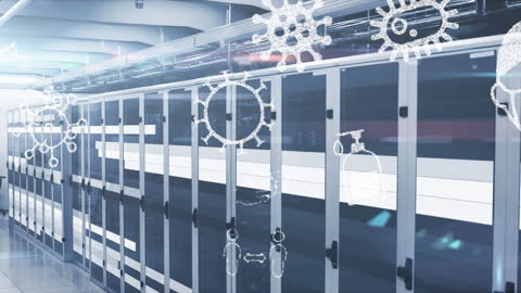 Digital Icons Overlay on Data Center Warehouse Technology Concept