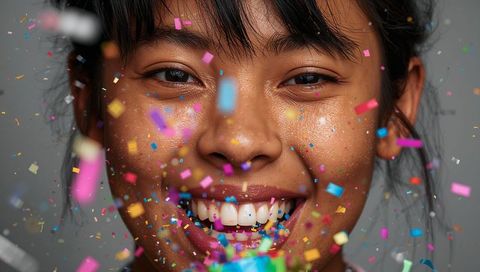 Smiling asian teen celebrating with colorful confetti, shimmering makeup closeup portrait