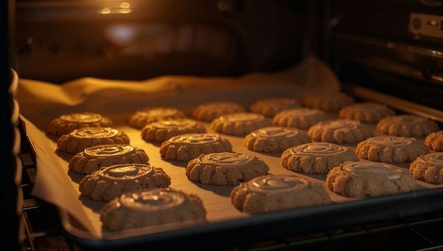Warm golden cookies baking on parchment-lined tray under oven light, swirled glaze texture