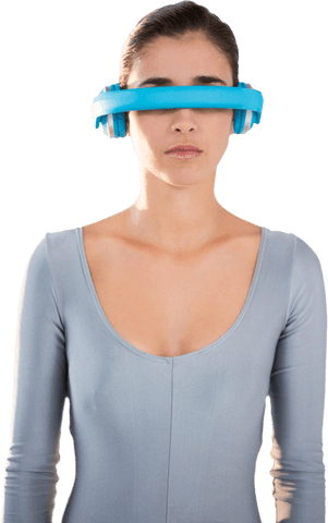 Young Woman Engaging with Futuristic Transparent Virtual Glasses