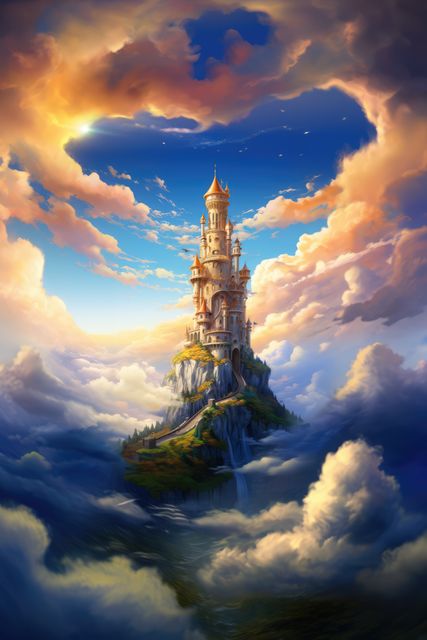 Tower over blue sky with clouds, created using generative ai technology. Fantasy, fairy tale and landscape concept digitally generated image.