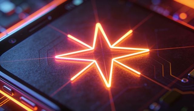 Neon orange star glowing on futuristic circuit microchip surface with metallic texture