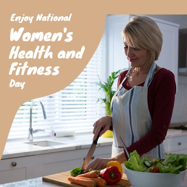 Mature woman cutting fresh vegetables in a well-lit kitchen, promoting healthy eating and an active lifestyle on National Women's Health and Fitness Day. Ideal for use in campaigns or articles about senior health, women's wellness, nutrition, and maintaining a healthy diet.