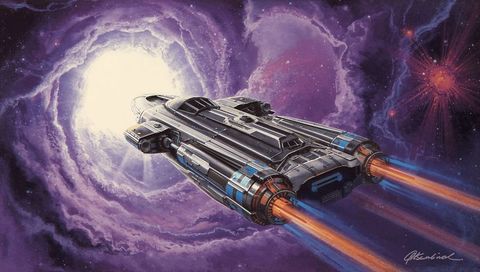 Sleek starship flying toward white wormhole in purple nebula with orange-blue thrusters