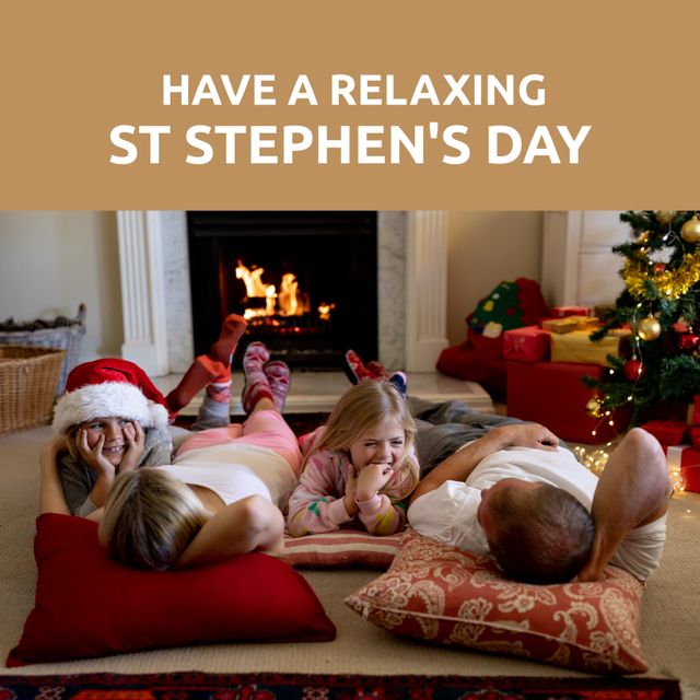 Composition of st stephen's day text and diverse family at christmas by fireplace - Download Free Stock Videos Pikwizard.com