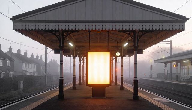Glowing advertising display casting warm light across foggy railway platform under ornate canopy