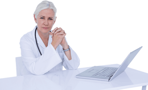 transparent portrait of confident female doctor with laptop desk setting - Download Free Stock Videos Pikwizard.com
