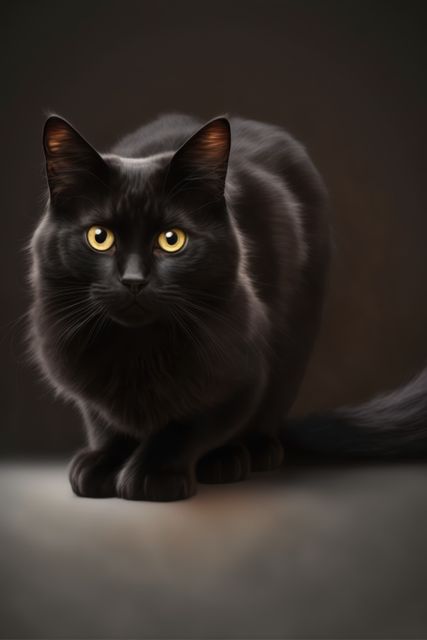 Majestic black cat with bright eyes sitting alert on a dark background. Perfect for adverts related to pets, Halloween designs, or showcasing elegance and mystery. Great for use in blogs about cats, feline behavior, or as a digital wallpaper.