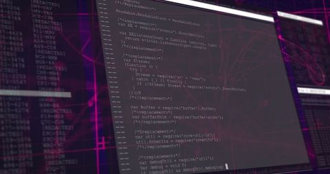 Neon code editor displaying javascript terminal with cybersecurity network grid interface
