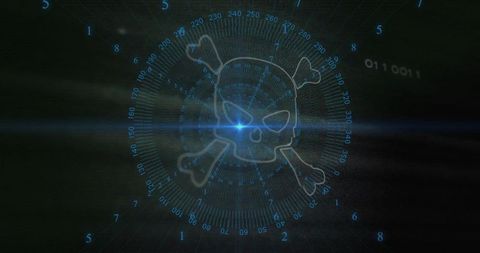 Rotating Holographic Skull Crossbones Over Circular HUD With Binary Data and Lens Flare