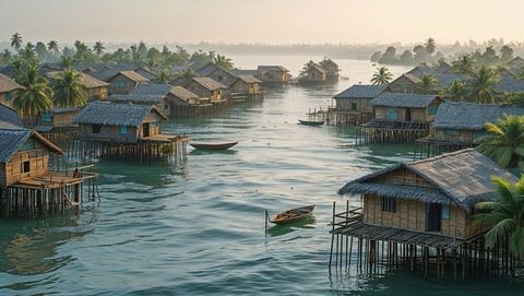Idyllic coastal village with stilt houses in bay of bengal tropical setting