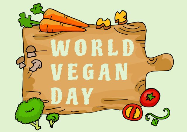 Digital composite image of world vegan day text on wooden cutting board various healthy food. healthy lifestyle and vegetarianism.