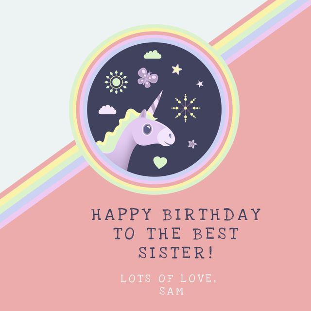 A playful unicorn birthday greeting designed for a sister. Features pastel colors and a starry background for a magical, fun aesthetic. Ideal for sending birthday wishes and adding a touch of whimsy to any celebration.