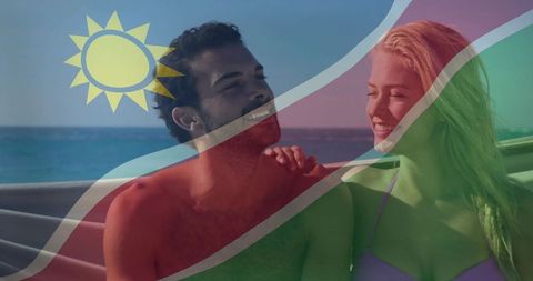 Couple Enjoying Vacation on Tropical Cruise with Denim Flag Overlay