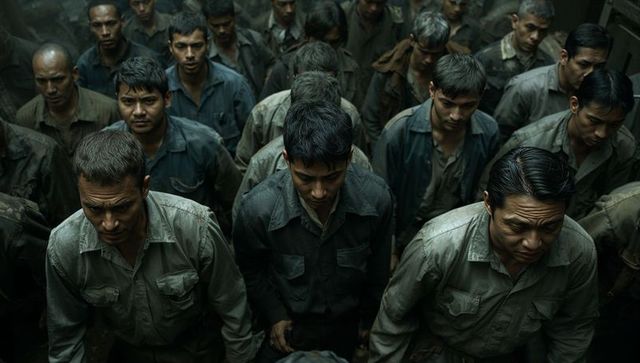 Humbled Prisoners Filling Narrow Industrial Corridor