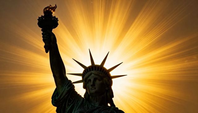 Statue of liberty silhouetting against radiant golden sunburst over harbor