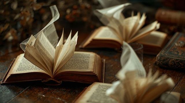 Antique books with fanned aged pages on rustic wooden table evoking cozy vintage library