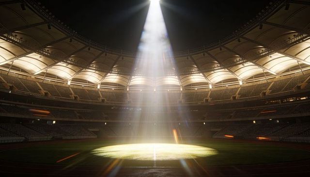 Dramatic Empty Stadium Spotlight Illuminating Center Pitch Through Opening Roof at Night