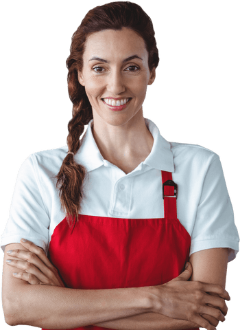 Confident Female Owner with Crossed Arms in Red Apron on Transparent Background - Download Free Stock Videos Pikwizard.com