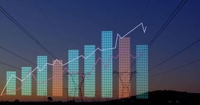 Rising Data Graphs Over Energy Infrastructure at Dawn