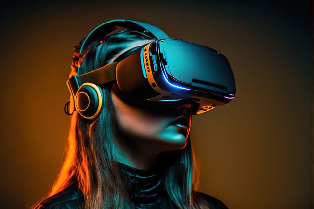 Caucasian woman in vr headset, in glowing orange light, created using generative ai technology. Cyber technology and futuristic virtual reality headset concept digitally generated image.