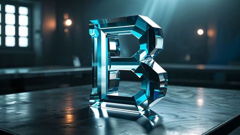 Luminous crystal letter b on textured tabletop with ambient light